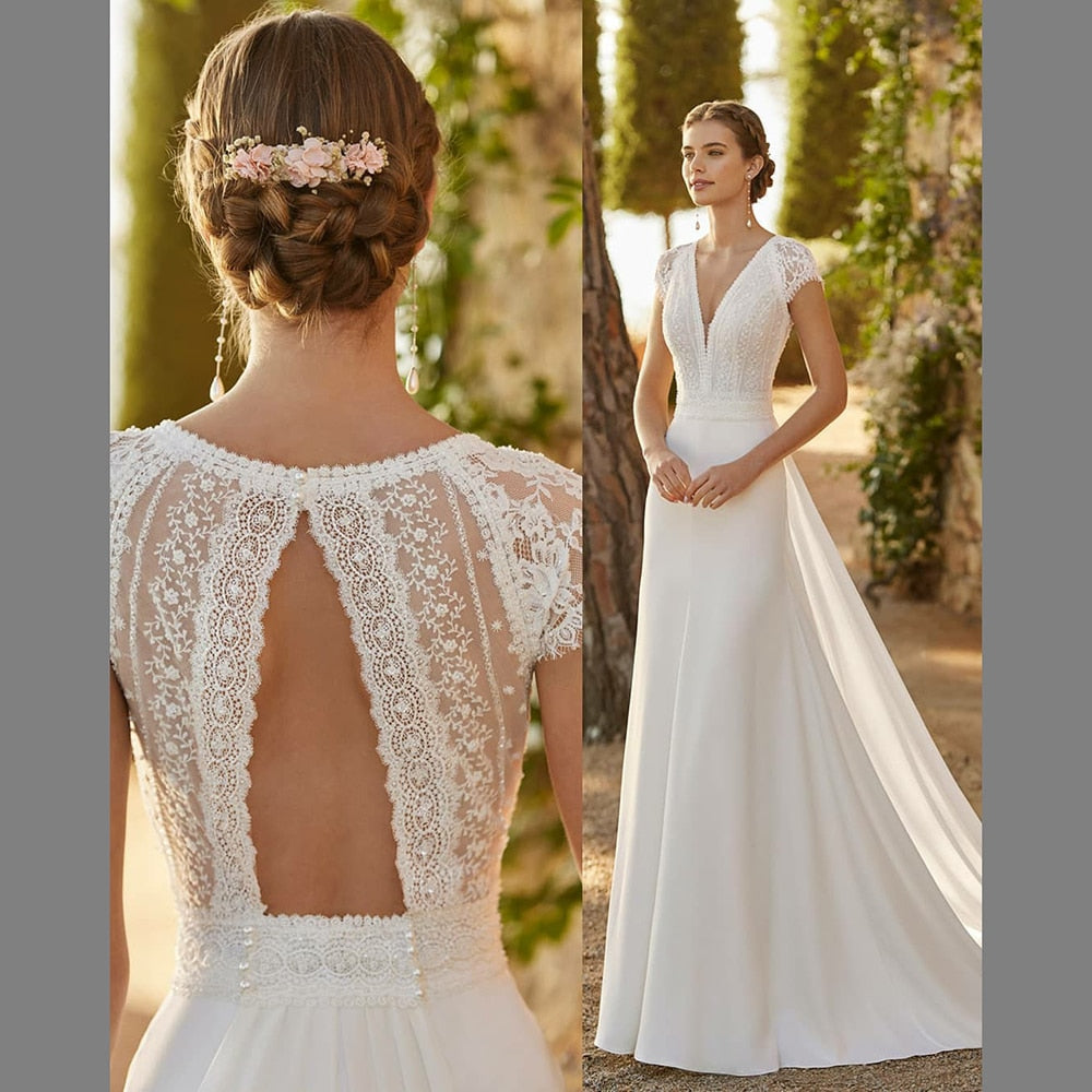 Wedding Dresses With Detachable Train V-Neck Cap Sleeves Bride Gowns