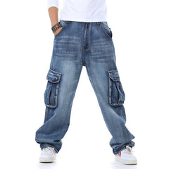 Jeans Men Denim Pants Straight Pocket Baggy Casual Streetwear Hip Hop