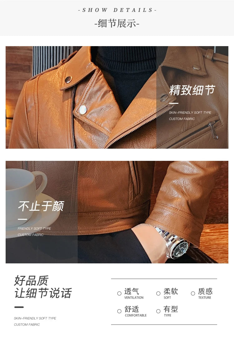 Men Faux Leather Jacket Oblique Zipper Jackets Motorcycle Black Jaqueta De Couro