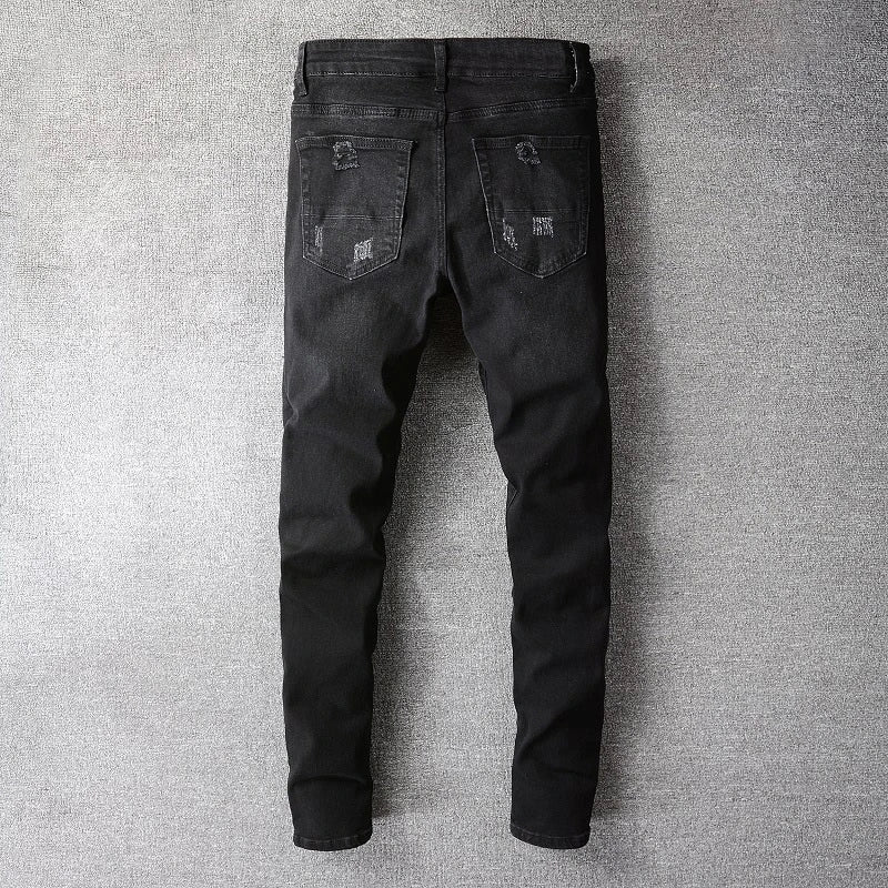 Men's Bandanna Paisley Printed Patchwork Stretch Jeans Streetwear Black Denim