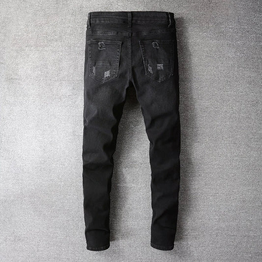 Men's Bandanna Paisley Printed Patchwork Stretch Jeans Streetwear Black Denim