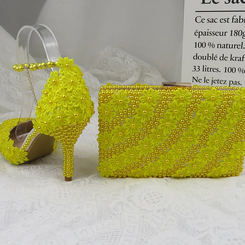 7cm/9cm Yellow Flower Wedding Shoes With Matching Bags High Heels Pointed Toe Ankle Strap Ladies Party shoe and bag set