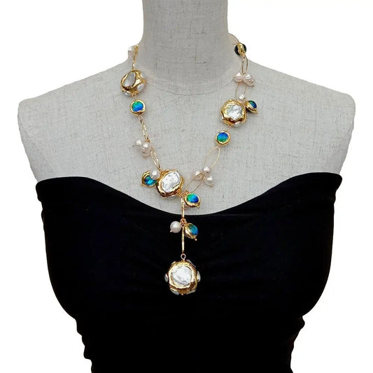 Blue Murano Glass  Freshwater Cultured White Keshi Pearl Gold Filled Chain