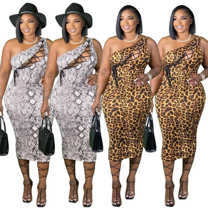 Wholesale Plus Size Dresses for Women Summer 2021 Leopard Print Casual Single Sleeve Bodycon Bandage New Maxi Dress Dropshipping