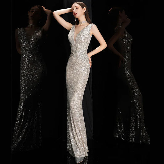 V Neck Sequin Evening Dress Long Women Mermaid Formal Dress Party Gown