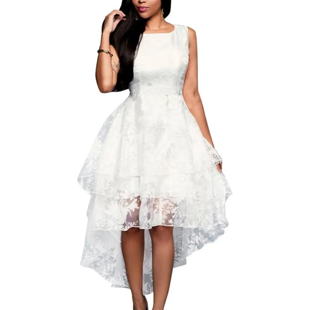 Evening Dresses:  Women Dress White Sleeveless 3 Layers Lace Irregular
