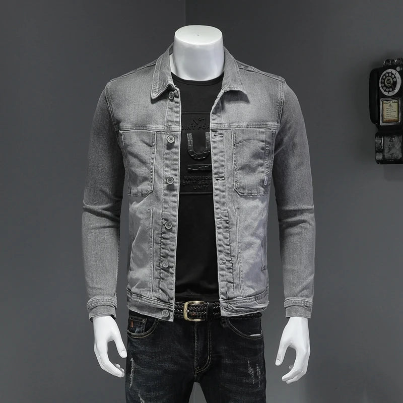 Fashion Denim Jacket Men Cotton Turn Down Collar Casual Mens Denim Coat