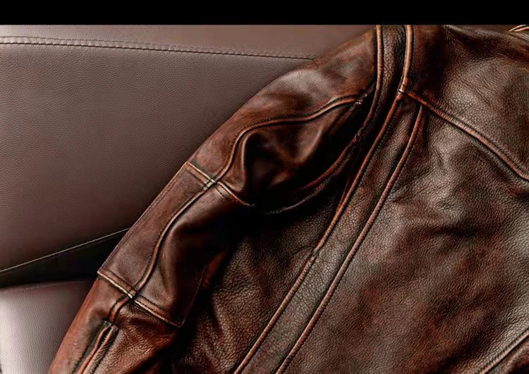 Men Leather Jacket  Swallow Tailed Vintage Motorcycle Top Cowhide Coat