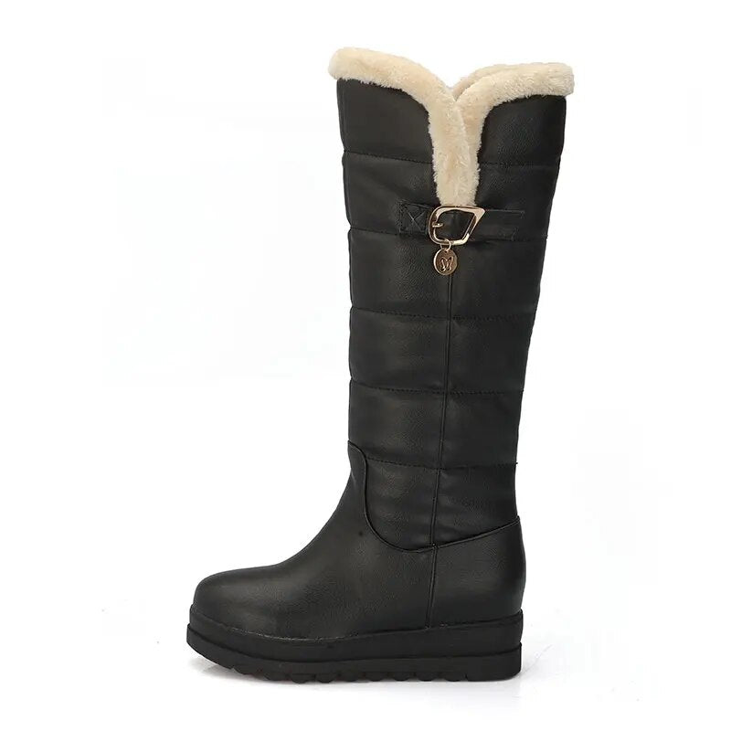 Women Winter Warm Knee High Boots Fashion Platform Height Increasing Women Snow Boots Slip on Buckle Ladies Warm Shoes Black
