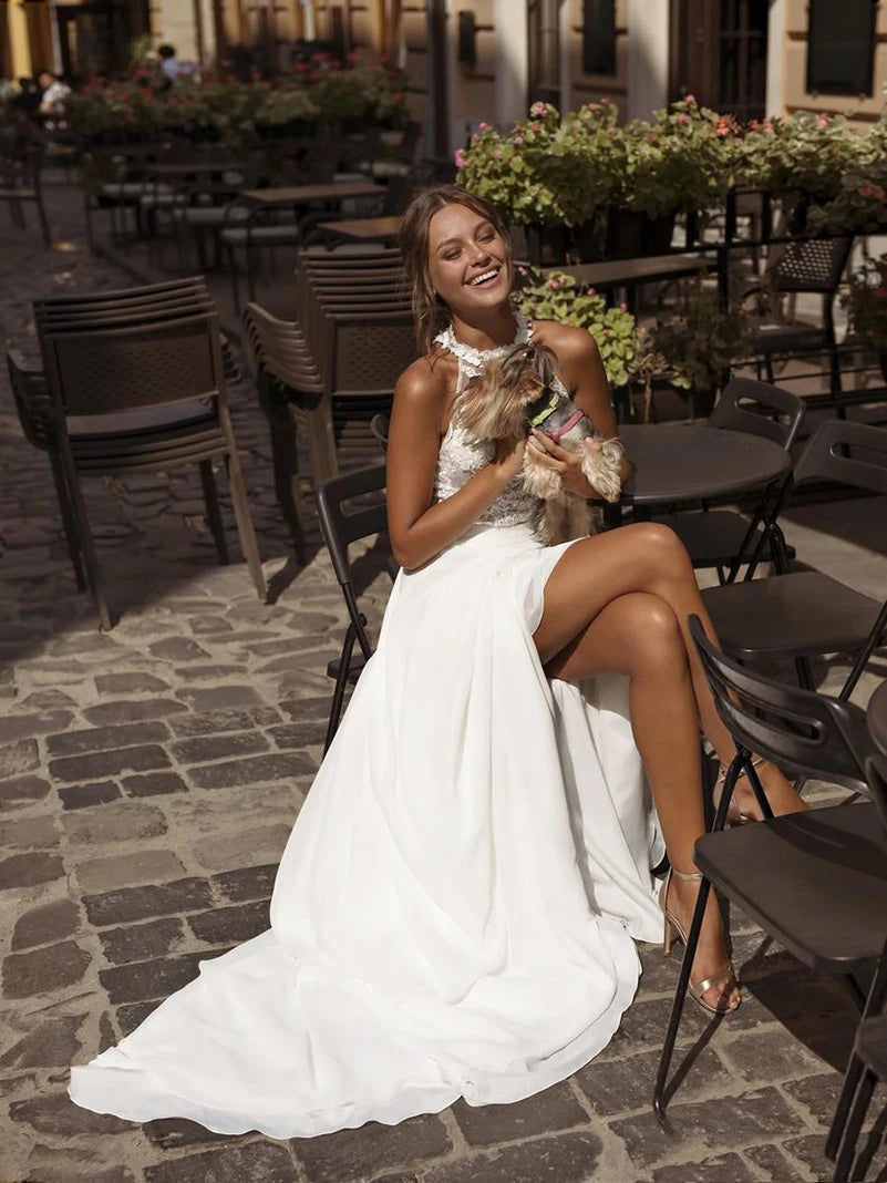 White Bridesmaid Dresses: Wedding Dress White High Split Jewel Neck Chiffon