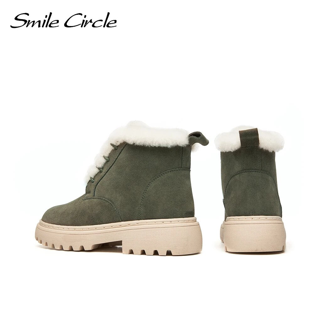 Smile Circle Ankle Boots Women Leather Chunky Boots Natural fur Warm Winter