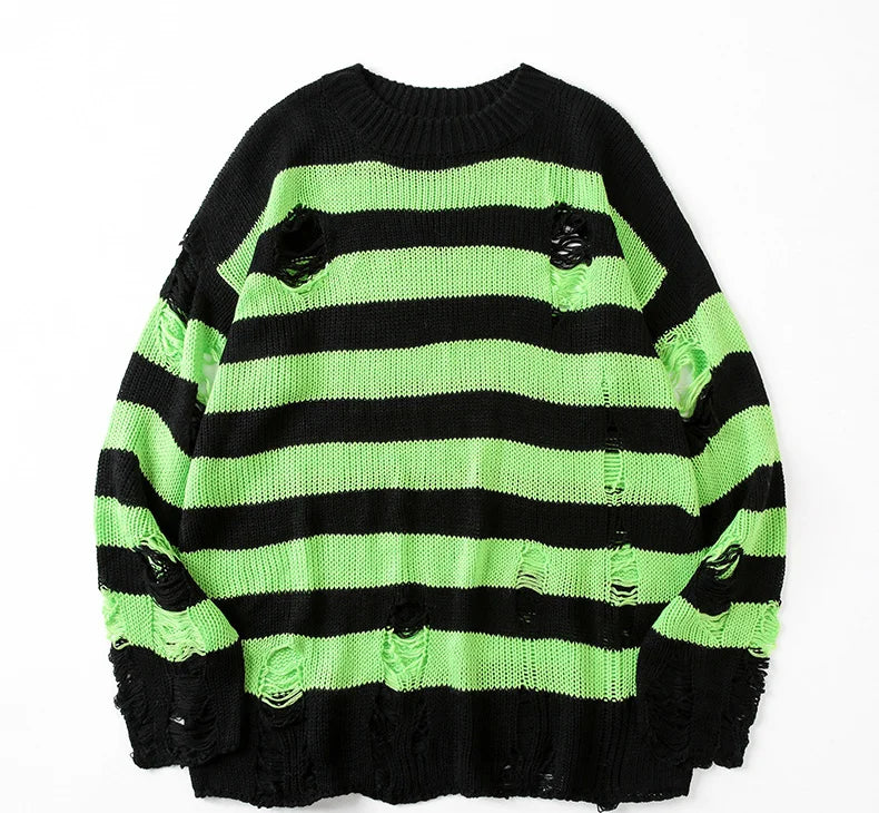Black Stripe Sweaters Destroyed Ripped Sweater Men Pullover Hole Knit Jumpers Men