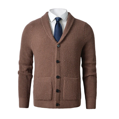 Men's Shawl Collar Cardigan Sweater Slim Fit Cable Knit Button up Merino wool Sweater with Pockets