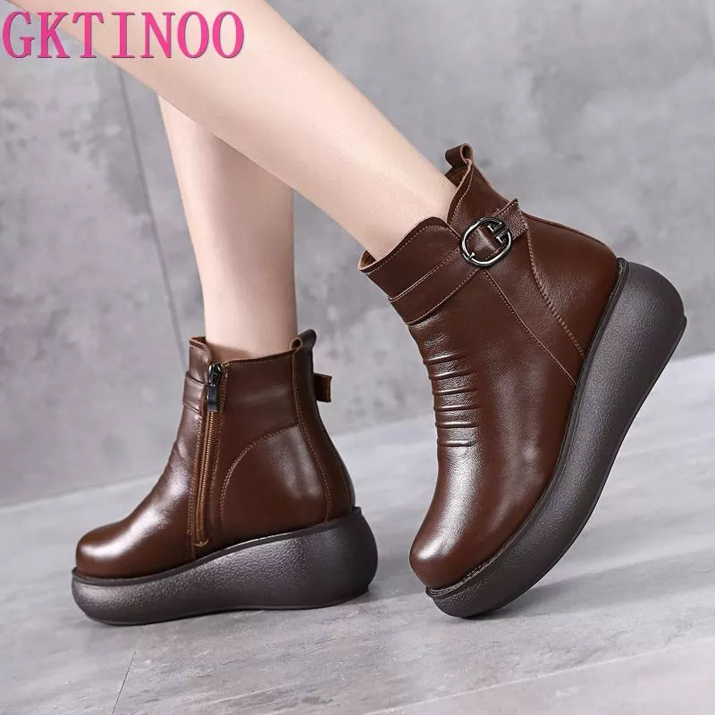 Waterproof Women Snow Boots 100% Genuine Leather Natural Wool Fur Platform