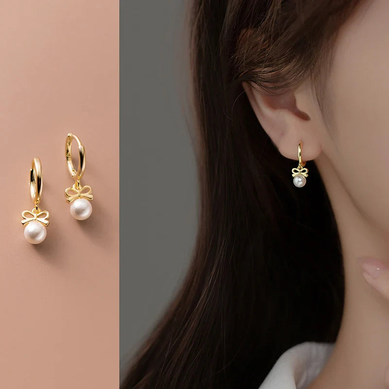WANTME 925 Sterling Silver Cute Butterfly Synthetic Pearl Pendant Drop Earrings Fashion Charm Gold Plated Huggies Jewelry Women