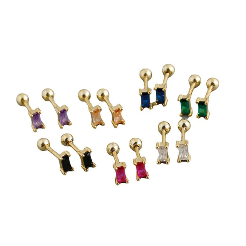 WANTME 925 Sterling Silver Colorful Square Shiny Zircon Beads Piercing Stud Earrings for Women Fashion Gothic Exquisite Jewelry