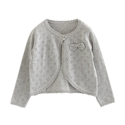 Plain Gray Sweet Girls Cardigan Kids Jacket Cotton Bow Pink Soft Children Coat