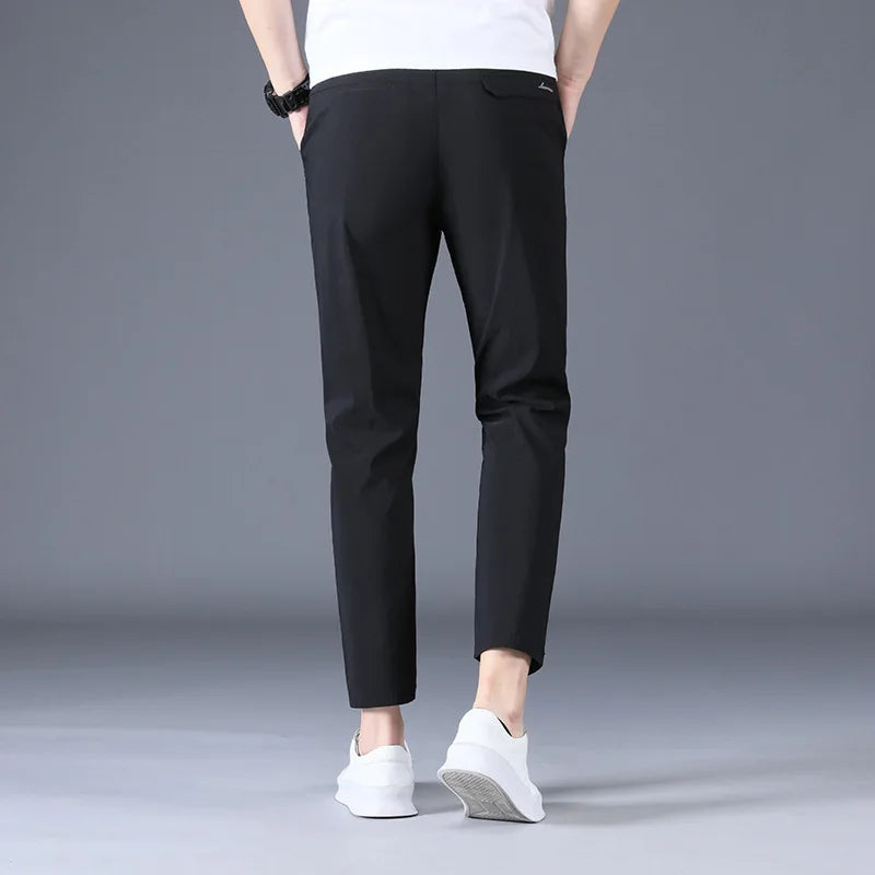 Summer Ankle Length Suit Pants Trousers For Male Ice Silk Black Khaki Korea Thin