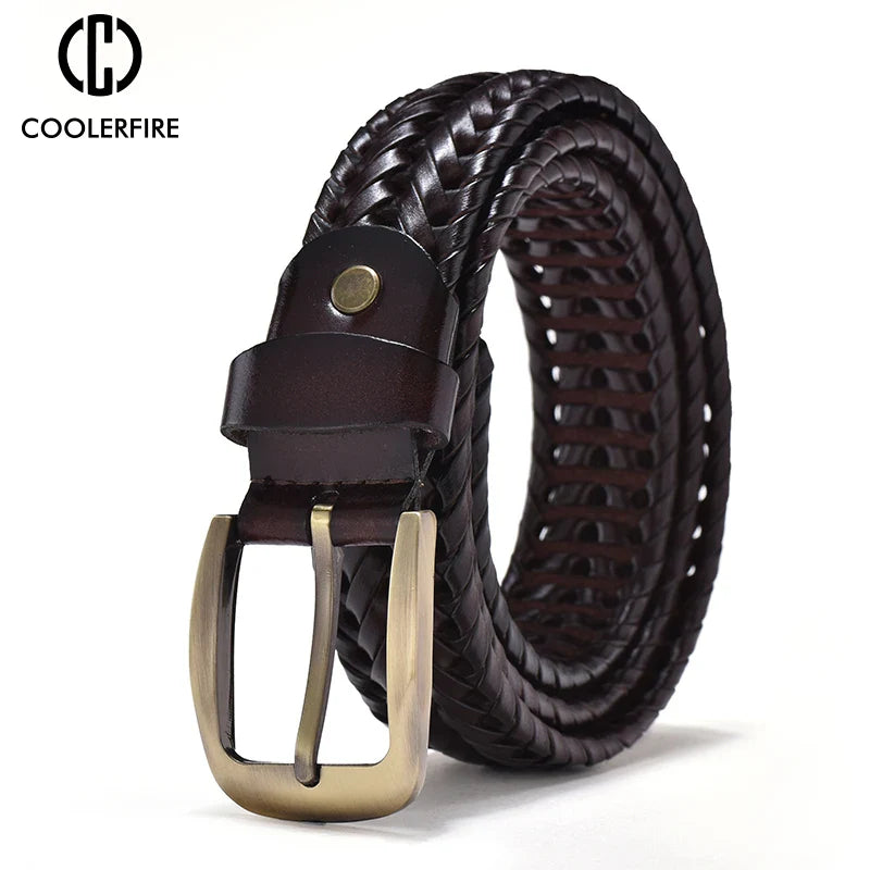 Men Genuine Leather Braided Belts Webbing High Quality Hand Vintage Belts for Men Gold Pin Buckle Casual for Jeans Strap HQ212