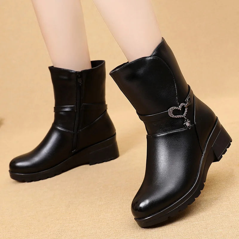 Winter Women Mid Calf Boots Casual Round Toe Zipper Plush Warm Female Shoes