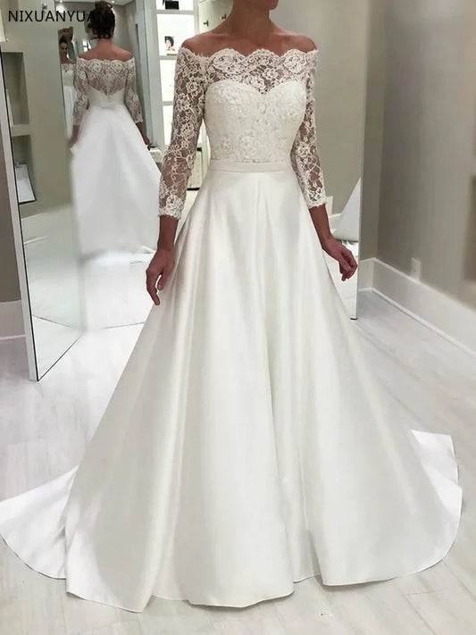 White Bridesmaid Dresses: Wedding Dresses Off Shoulder Long Sleeve Button Back