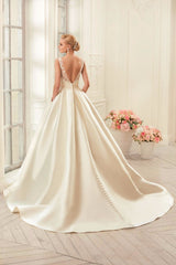 Backless Satin Wedding Dresses Chapel Train Bridal Gowns Ivory