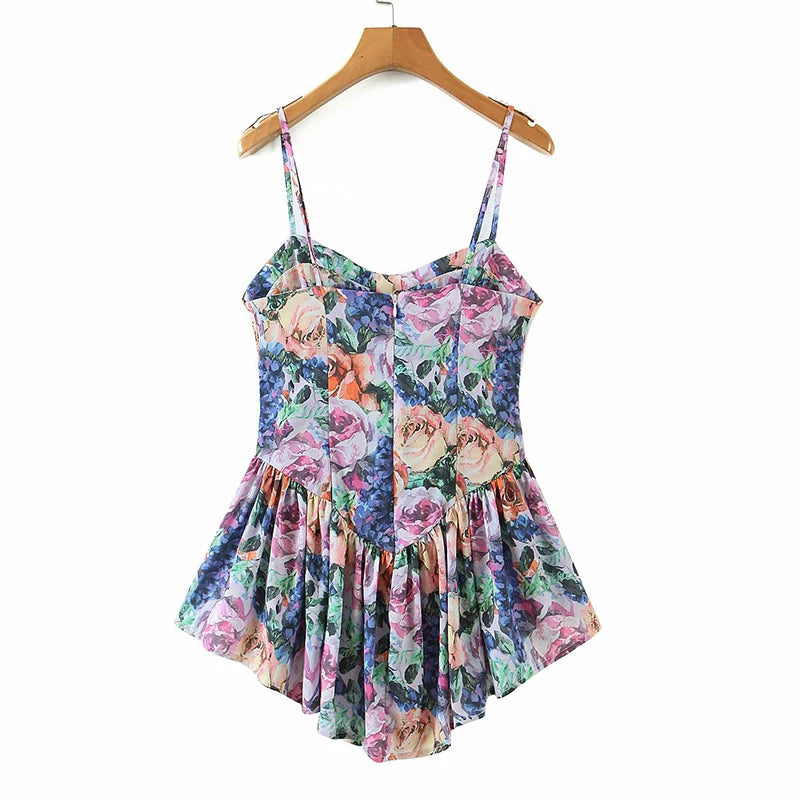 YENKYE Vintage Multicolor Floral Print Sexy Sling Dress Women Summer Chiffon Super-Short Dress Holiday Beach Sundress Vestido