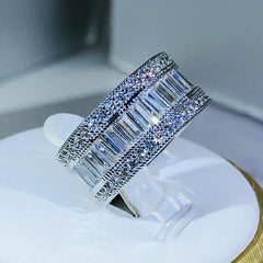 925 Sterling Silver Dazzling Rectangle CZ Zircon Crystal Ring Promise Wedding