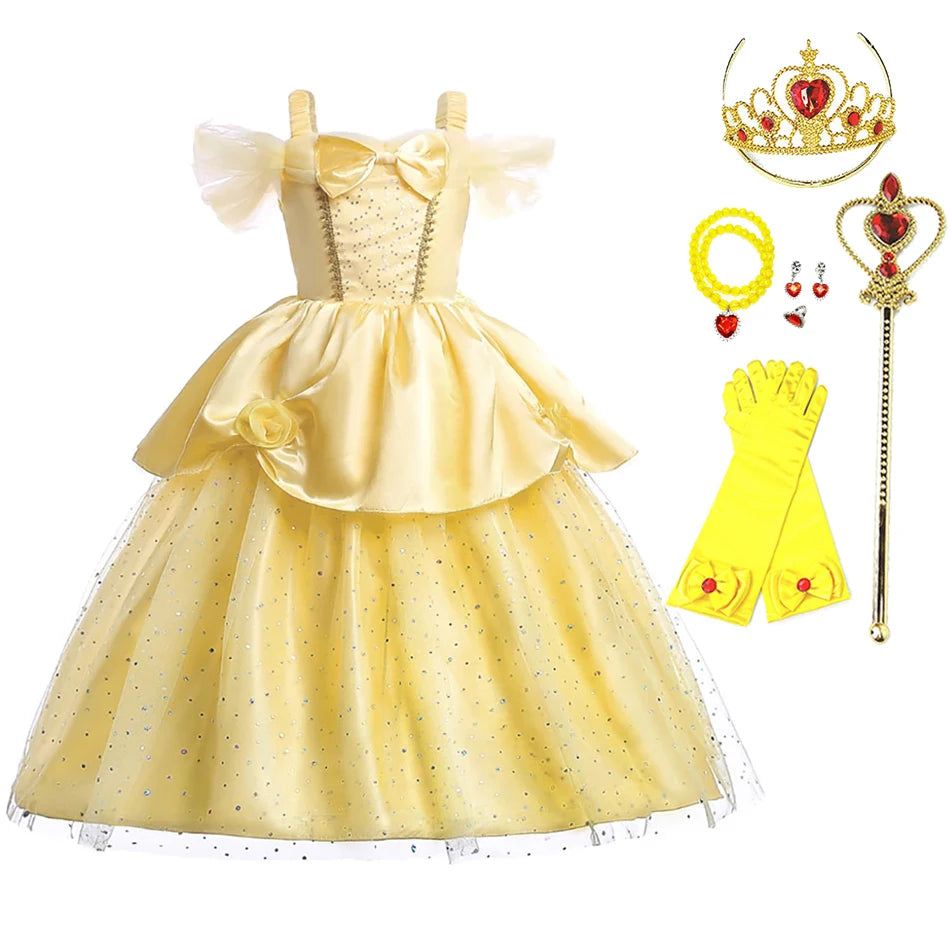 Kids Princess Dresses Girls Belle Party Costume Children Christmas Birthday Flower