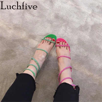 Rhinestones Chunky Heels Sandals Open Toe Shoes Woman Crystal Strap Ladies Sandals Summer Green Diamond Shoes