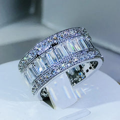 925 Sterling Silver Dazzling Rectangle CZ Zircon Crystal Ring Promise Wedding