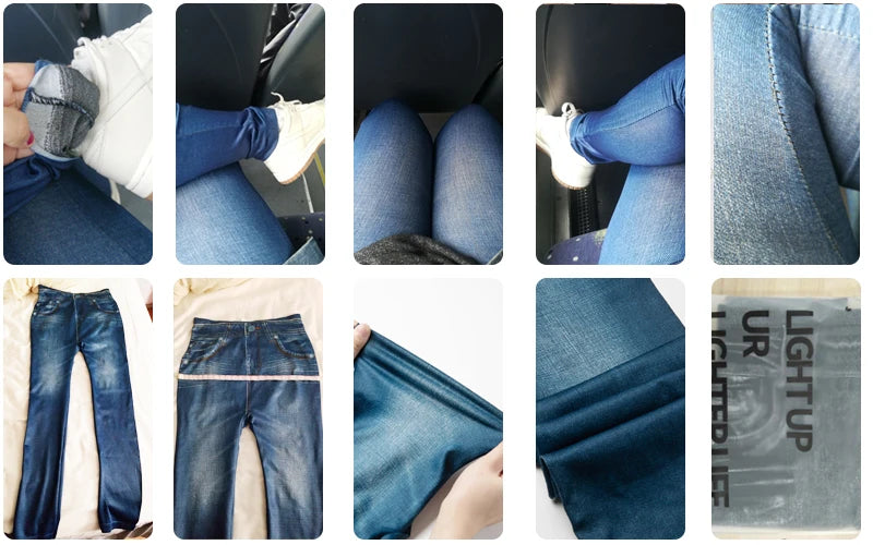 Push Up Seamless High Waist Faux Denim Leggings Women Casual Elastic Pocket Jeans