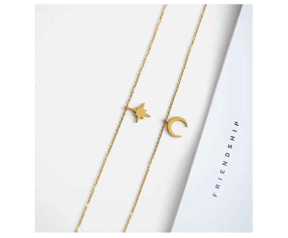 Moon Star Layered Necklace for Women Girl Sweater Pendant Necklaces Gold Plated