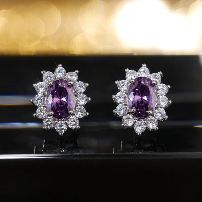 Huitan Fashion Sunflower Shape Stud Earrings Women Brilliant Oval Cubic Zirconia Luxury Female Party Jewelry Earring Top Quality