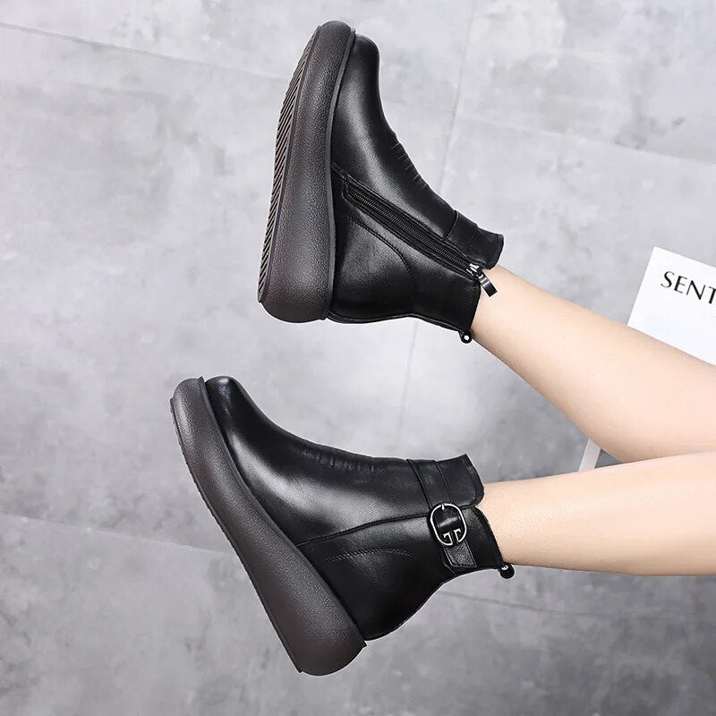 Waterproof Women Snow Boots 100% Genuine Leather Natural Wool Fur Platform
