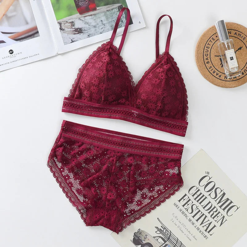 Transparent Women's Bra and Underwear Set Lace Brassiere Push-up Bra and Panty