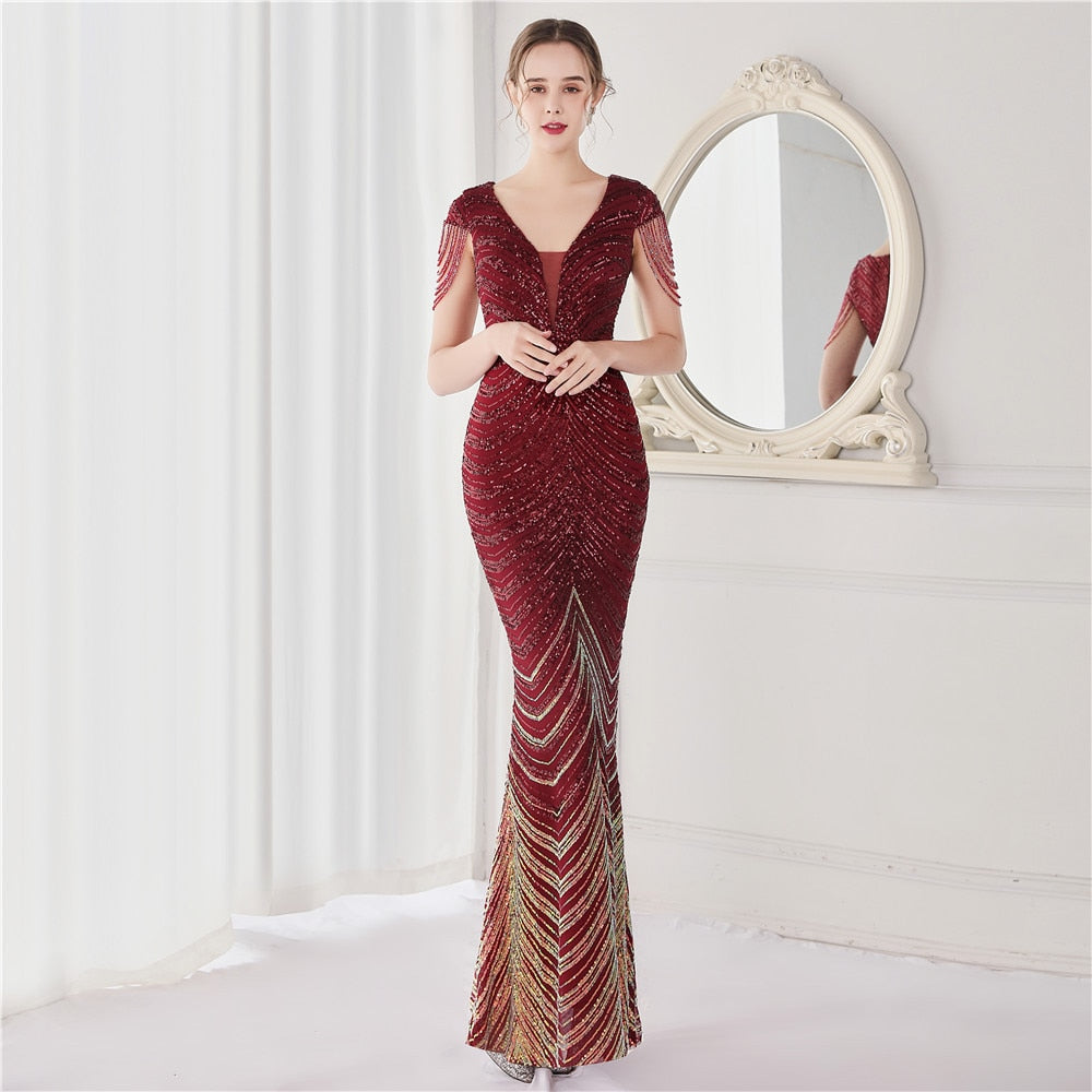 Evening wear Dresses: V Neck Green Sequin Evening Dress Party Maxi Dress for Ladies