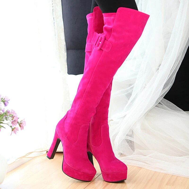 Super High Square Heel Rose Red Warm Snow Boots Waterproof