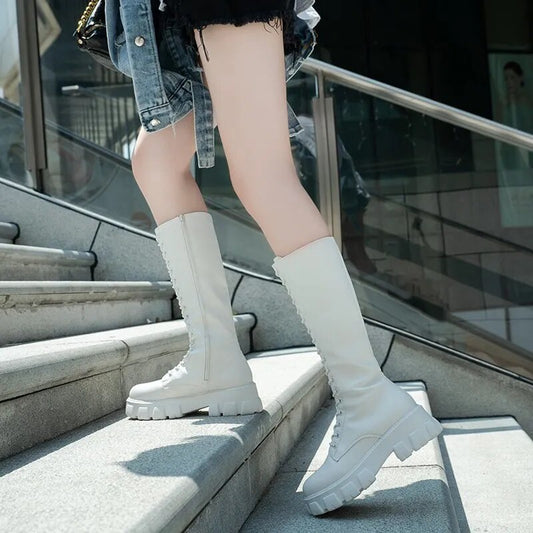 LazySeal Winter Long Boot Shoes Women White Lace Up Zip Height Increasing