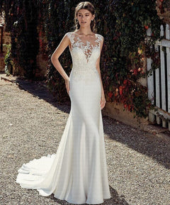 Wedding Dress Lace Appliques Sheer Bridal Dress Illusion Back