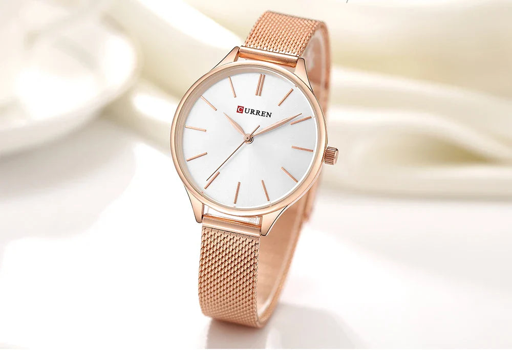 CURREN Original Women's Luxury Watch Matte Dial Japanese Quartz Movement Stainless Steel Mesh Strap with Box