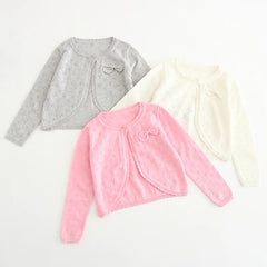 Plain Gray Sweet Girls Cardigan Kids Jacket Cotton Bow Pink Soft Children Coat