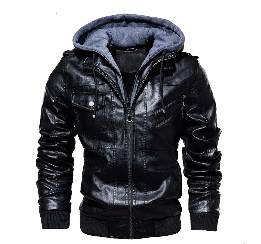 Winter Men's PU Leather Jacket Casual Man Motorcycle Leather Hooded Coats