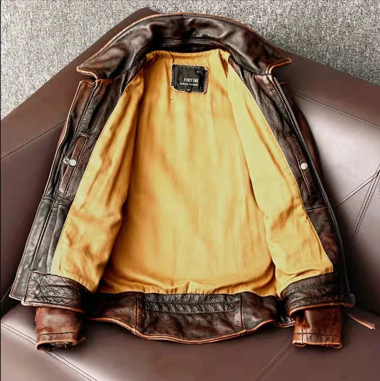 Men Leather Jacket  Swallow Tailed Vintage Motorcycle Top Cowhide Coat