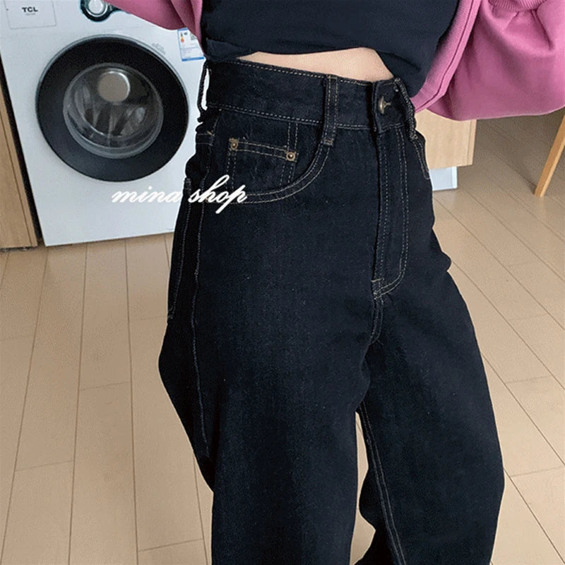 Vintage High Waist Women Black Jeans Korean Fashion Streetwear Wide Leg Jean