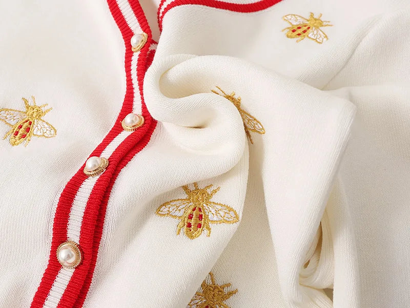 Fashion Designer Bee Embroidery Cardigan Long Sleeve Single Breasted