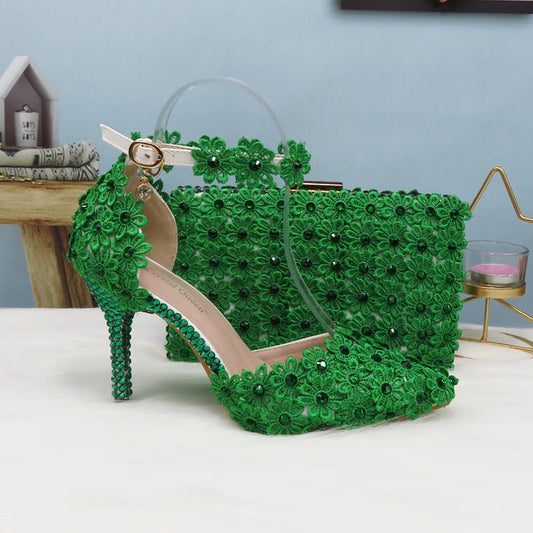 Green Lace Flower Wedding Shoe And Bag Set Pearl Heels Pointed Toe Ankle Strap