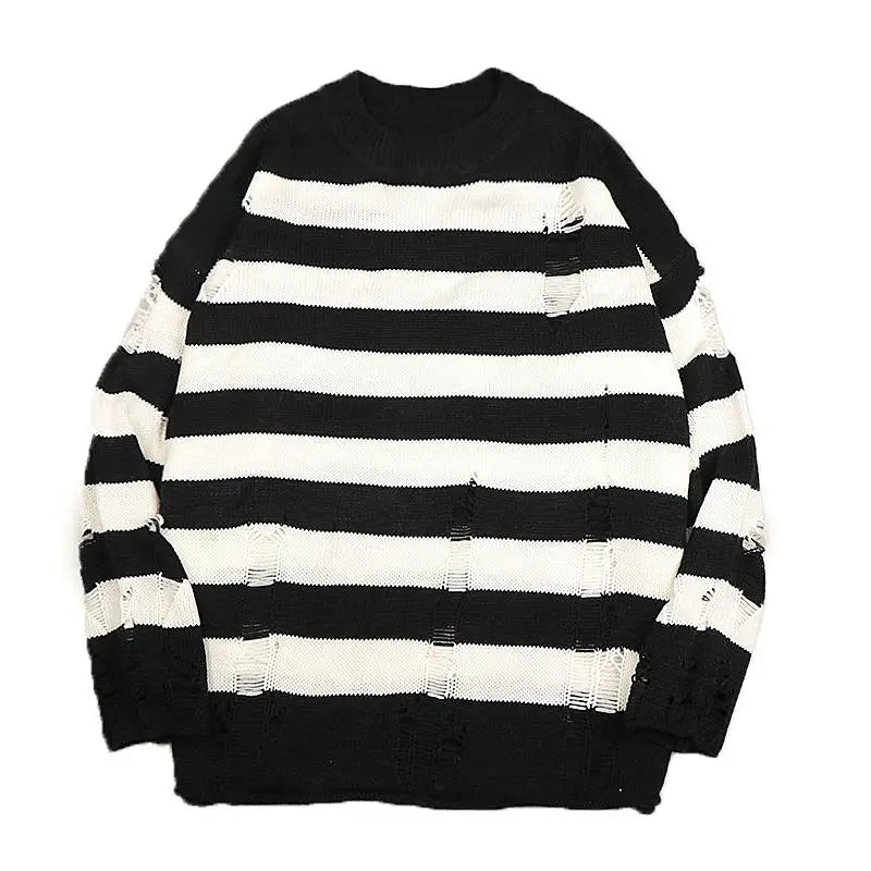 Black Stripe Sweaters Destroyed Ripped Sweater Men Pullover Hole Knit Jumpers Men