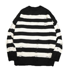 Black Stripe Sweaters Destroyed Ripped Sweater Men Pullover Hole Knit Jumpers Men