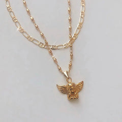 Bohemia Multilayer Cherub Pendant Chain Necklace For Women Trendy Gold-plate Big